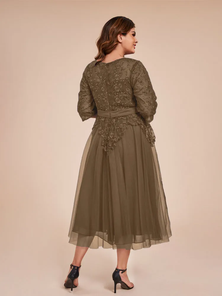 Lace Bodice 3/4 Length Sleeves Tea-Length Chiffon Mother Of The Bride Dress With Belt