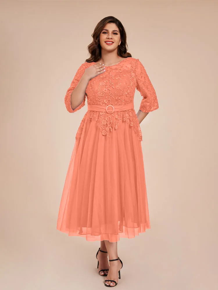 Lace Bodice 3/4 Length Sleeves Tea-Length Chiffon Mother Of The Bride Dress With Belt