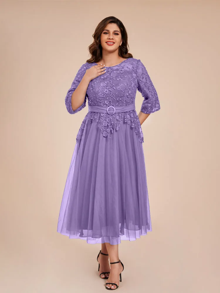 Lace Bodice 3/4 Length Sleeves Tea-Length Chiffon Mother Of The Bride Dress With Belt