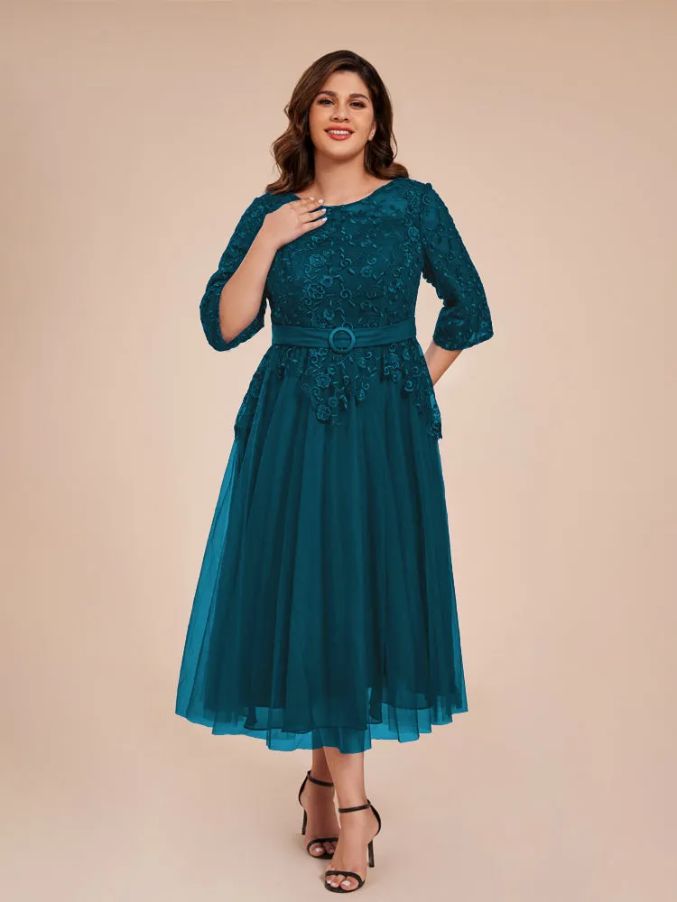 Lace Bodice 3/4 Length Sleeves Tea-Length Chiffon Mother Of The Bride Dress With Belt