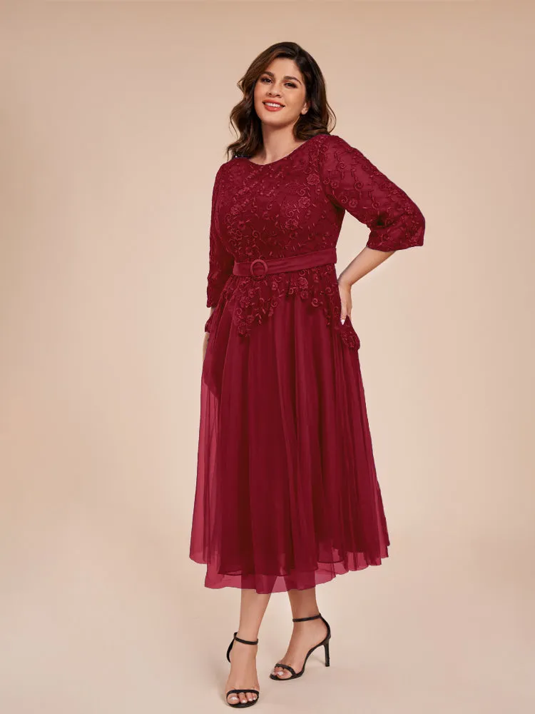 Lace Bodice 3/4 Length Sleeves Tea-Length Chiffon Mother Of The Bride Dress With Belt