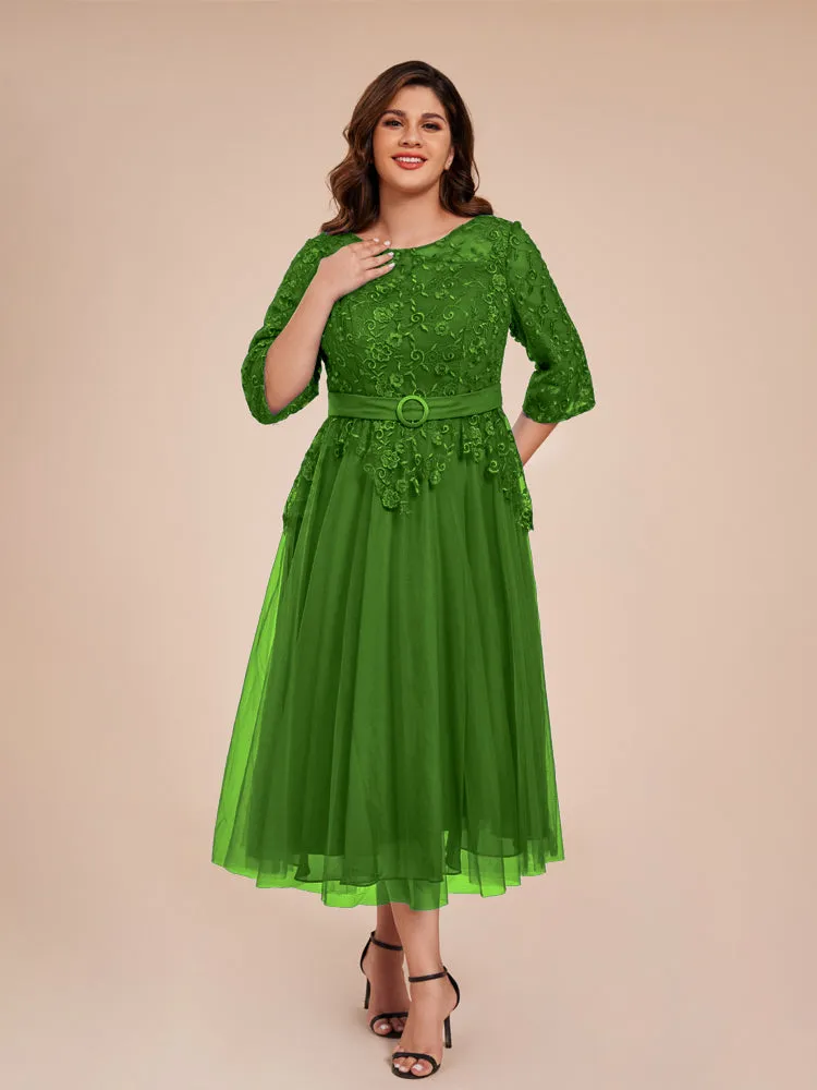 Lace Bodice 3/4 Length Sleeves Tea-Length Chiffon Mother Of The Bride Dress With Belt