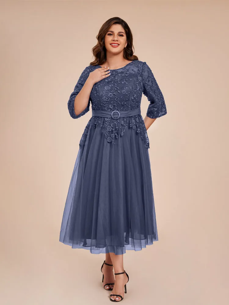 Lace Bodice 3/4 Length Sleeves Tea-Length Chiffon Mother Of The Bride Dress With Belt