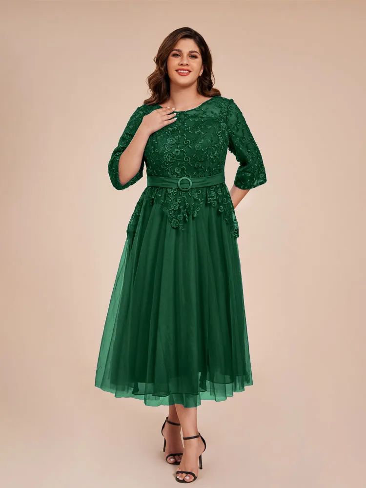 Lace Bodice 3/4 Length Sleeves Tea-Length Chiffon Mother Of The Bride Dress With Belt