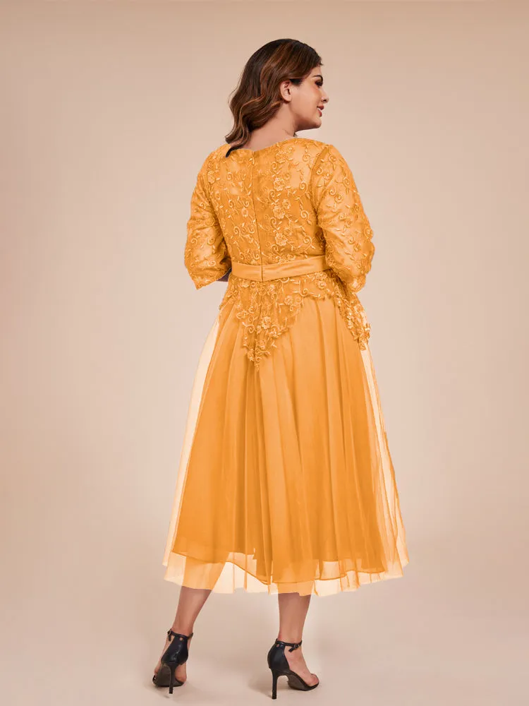 Lace Bodice 3/4 Length Sleeves Tea-Length Chiffon Mother Of The Bride Dress With Belt