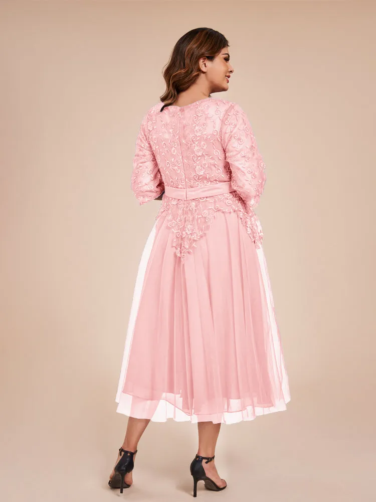 Lace Bodice 3/4 Length Sleeves Tea-Length Chiffon Mother Of The Bride Dress With Belt