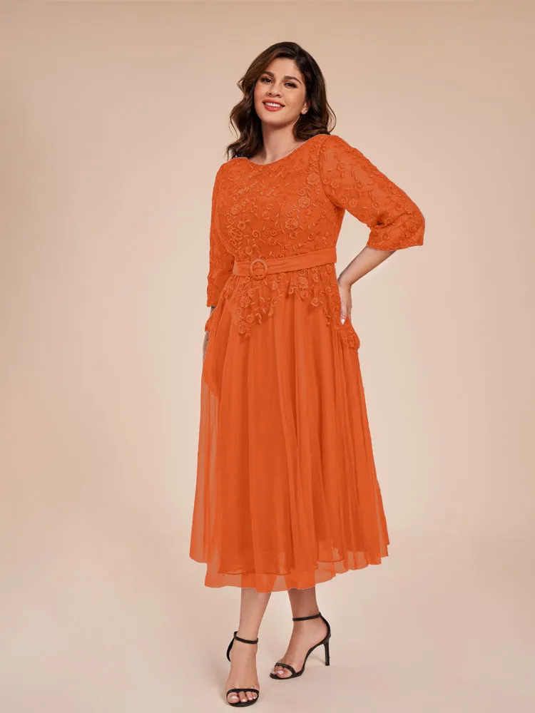 Lace Bodice 3/4 Length Sleeves Tea-Length Chiffon Mother Of The Bride Dress With Belt