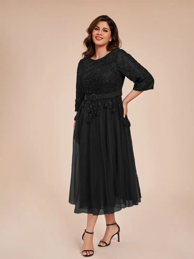 Lace Bodice 3/4 Length Sleeves Tea-Length Chiffon Mother Of The Bride Dress With Belt