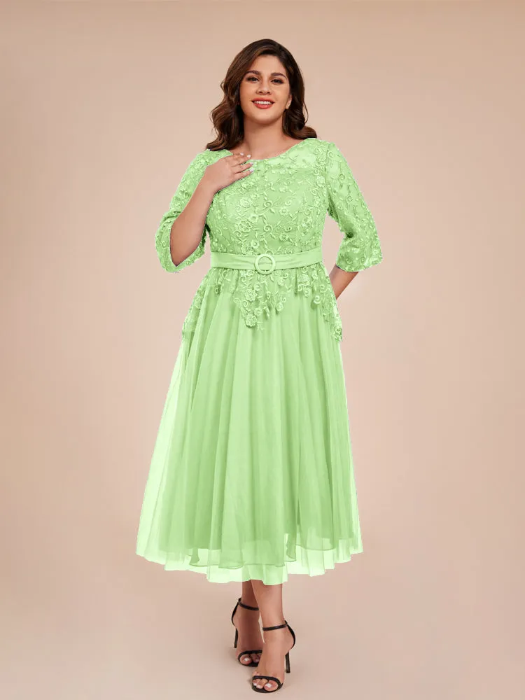 Lace Bodice 3/4 Length Sleeves Tea-Length Chiffon Mother Of The Bride Dress With Belt