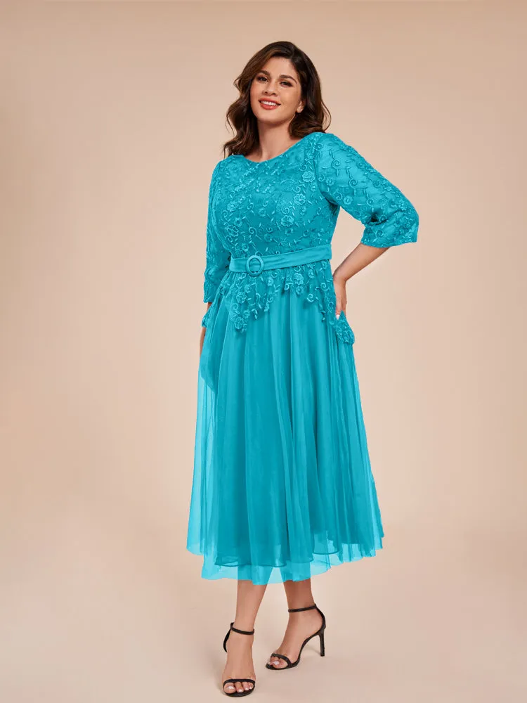 Lace Bodice 3/4 Length Sleeves Tea-Length Chiffon Mother Of The Bride Dress With Belt