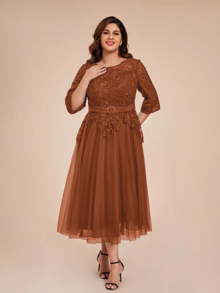 Lace Bodice 3/4 Length Sleeves Tea-Length Chiffon Mother Of The Bride Dress With Belt