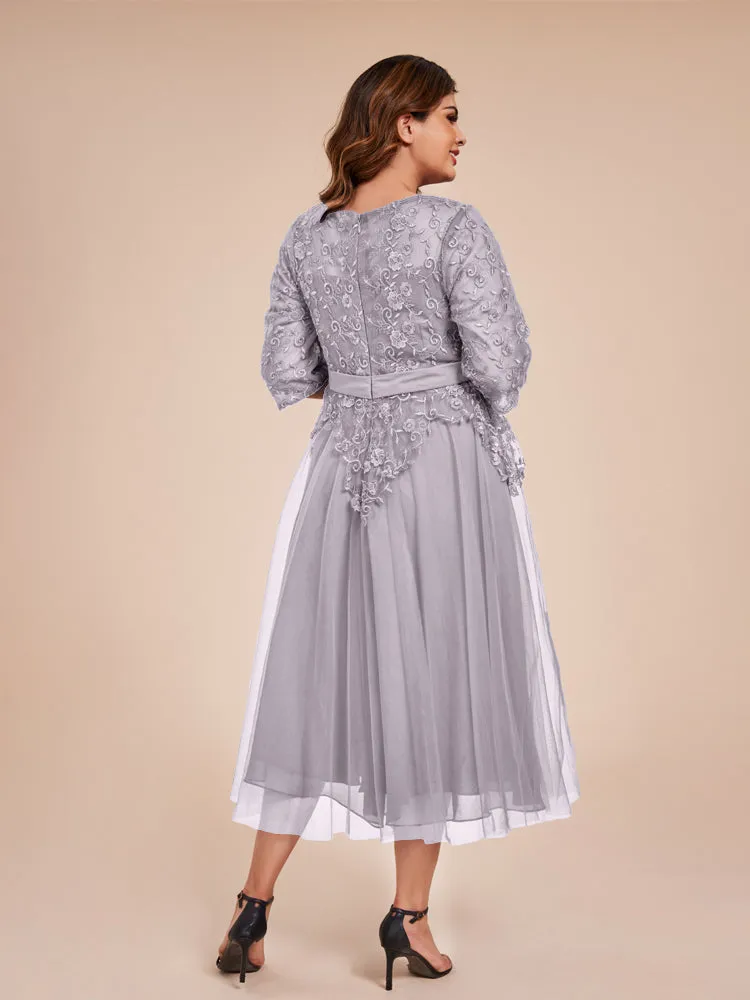 Lace Bodice 3/4 Length Sleeves Tea-Length Chiffon Mother Of The Bride Dress With Belt
