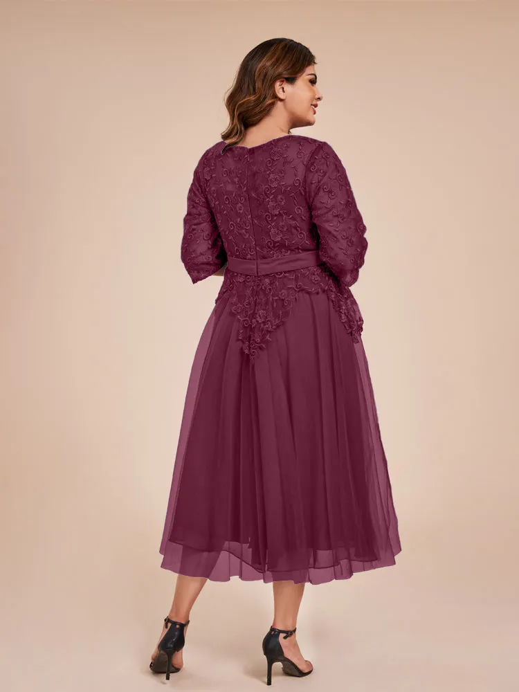 Lace Bodice 3/4 Length Sleeves Tea-Length Chiffon Mother Of The Bride Dress With Belt