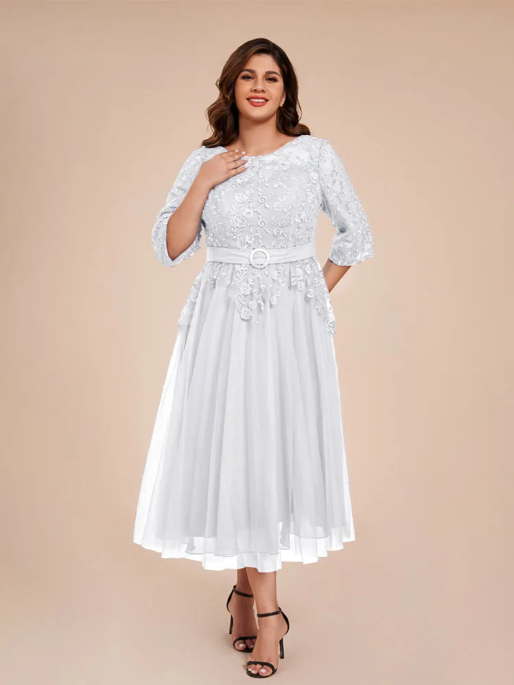 Lace Bodice 3/4 Length Sleeves Tea-Length Chiffon Mother Of The Bride Dress With Belt