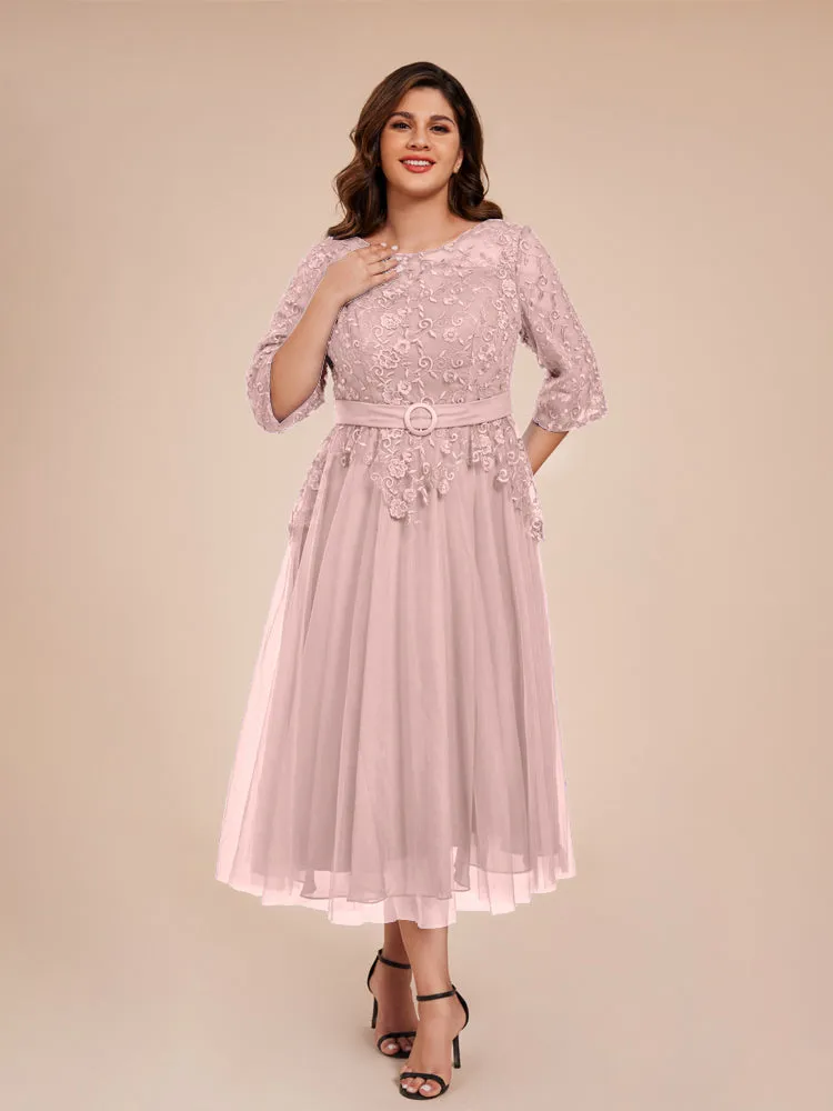 Lace Bodice 3/4 Length Sleeves Tea-Length Chiffon Mother Of The Bride Dress With Belt