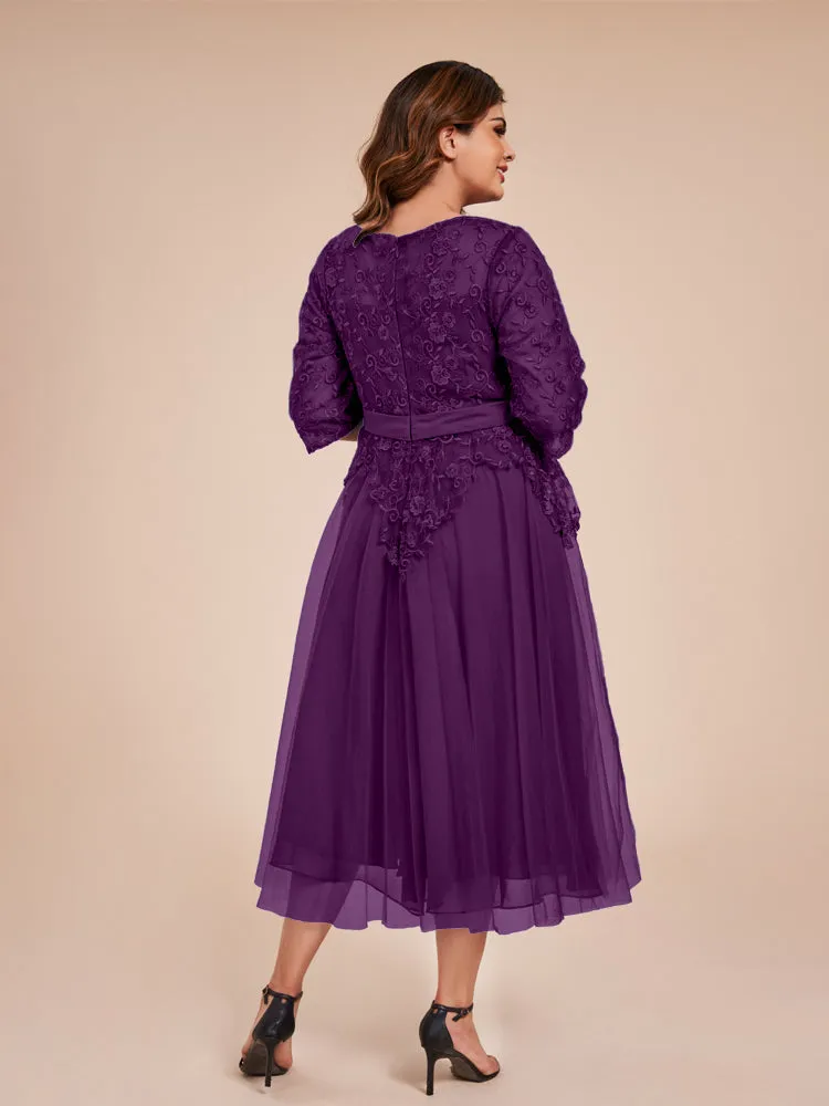 Lace Bodice 3/4 Length Sleeves Tea-Length Chiffon Mother Of The Bride Dress With Belt