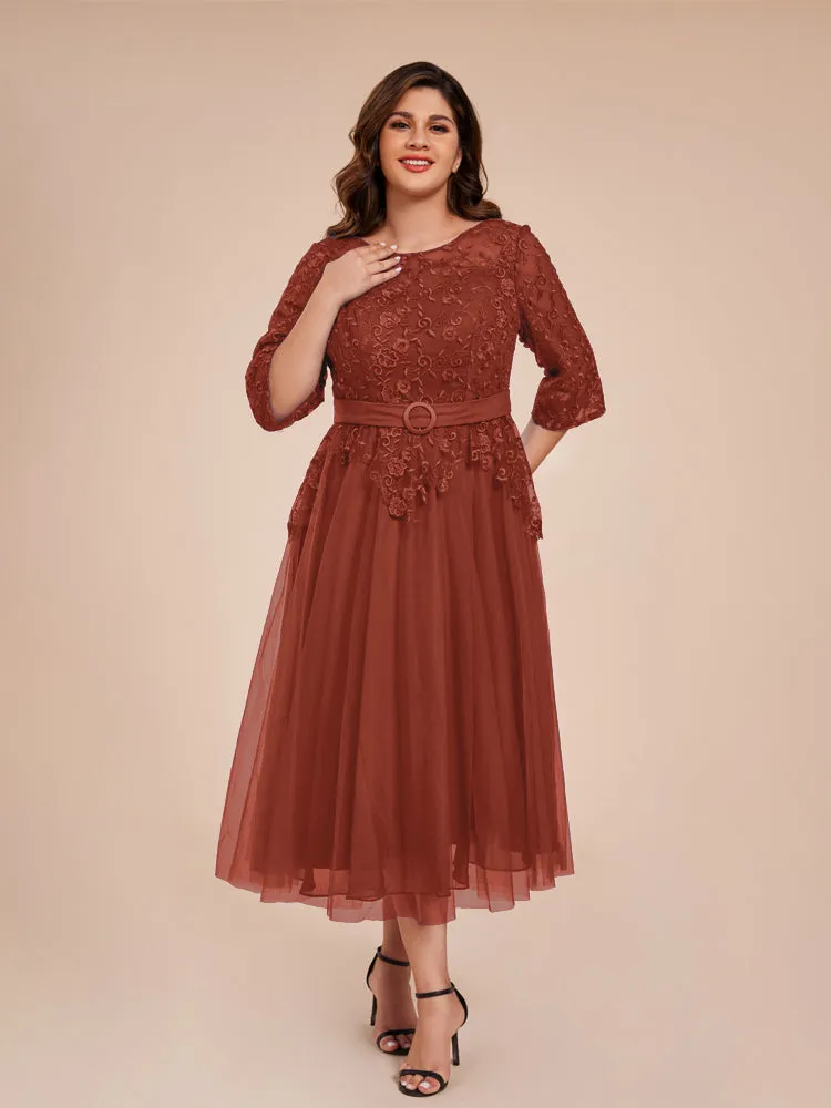 Lace Bodice 3/4 Length Sleeves Tea-Length Chiffon Mother Of The Bride Dress With Belt