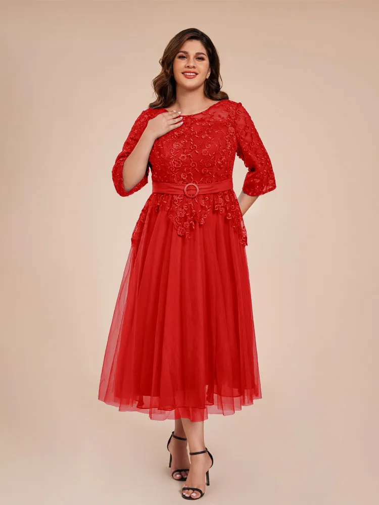 Lace Bodice 3/4 Length Sleeves Tea-Length Chiffon Mother Of The Bride Dress With Belt