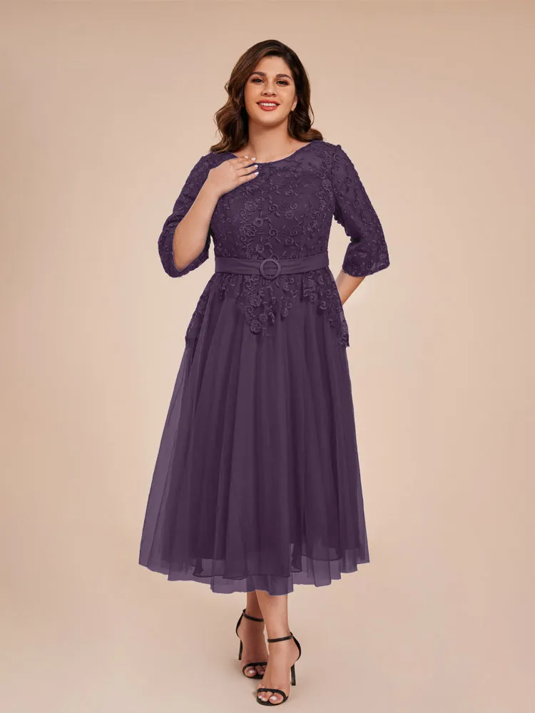 Lace Bodice 3/4 Length Sleeves Tea-Length Chiffon Mother Of The Bride Dress With Belt