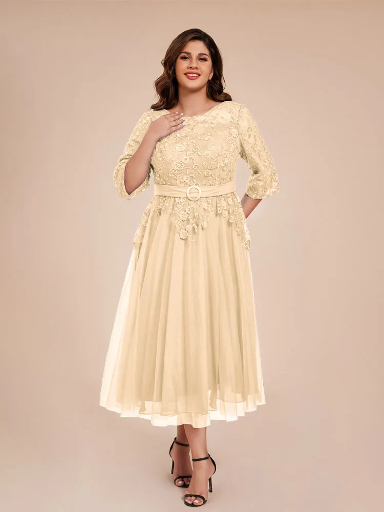 Lace Bodice 3/4 Length Sleeves Tea-Length Chiffon Mother Of The Bride Dress With Belt