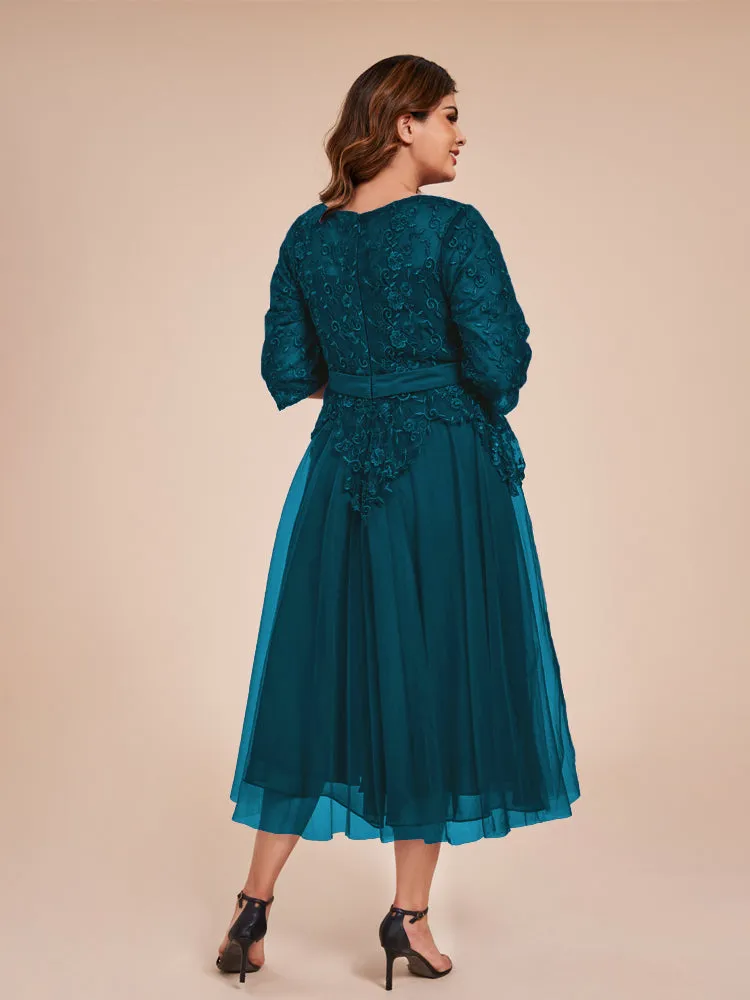 Lace Bodice 3/4 Length Sleeves Tea-Length Chiffon Mother Of The Bride Dress With Belt