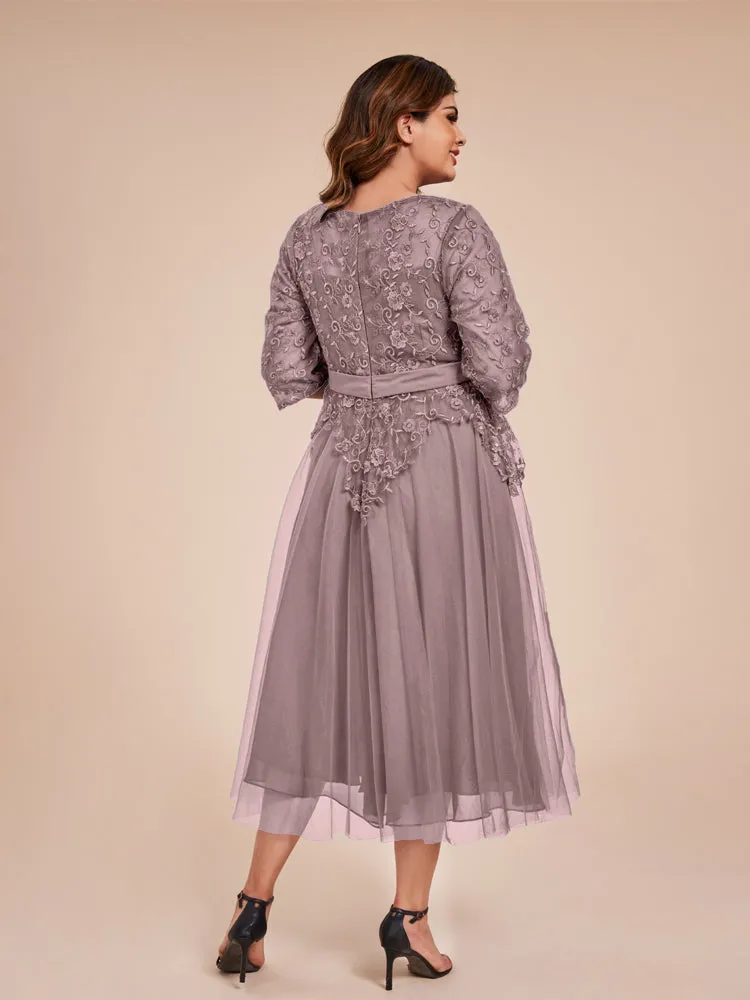 Lace Bodice 3/4 Length Sleeves Tea-Length Chiffon Mother Of The Bride Dress With Belt