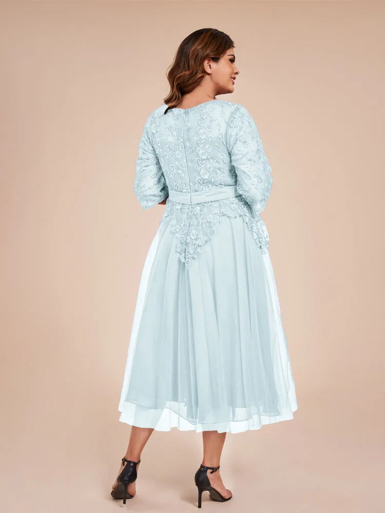 Lace Bodice 3/4 Length Sleeves Tea-Length Chiffon Mother Of The Bride Dress With Belt