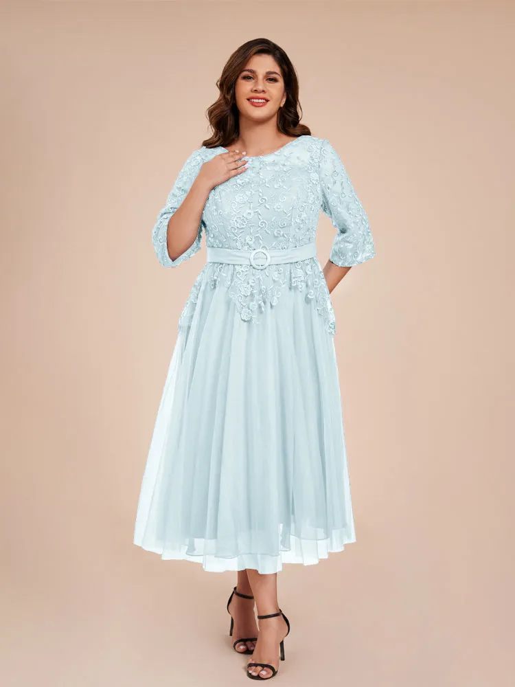 Lace Bodice 3/4 Length Sleeves Tea-Length Chiffon Mother Of The Bride Dress With Belt
