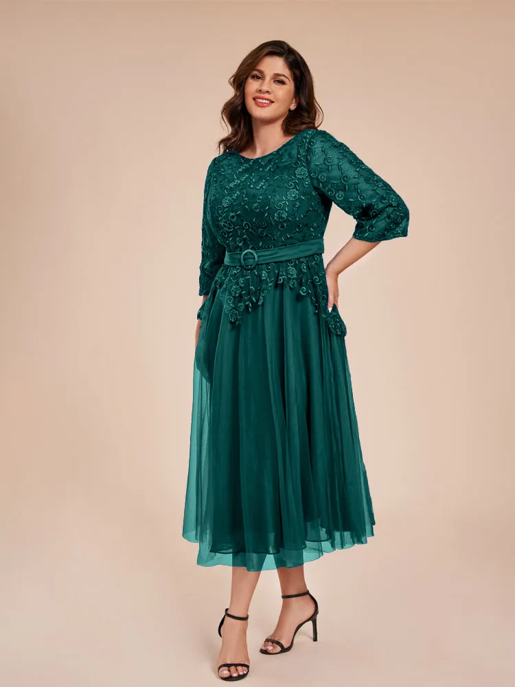 Lace Bodice 3/4 Length Sleeves Tea-Length Chiffon Mother Of The Bride Dress With Belt