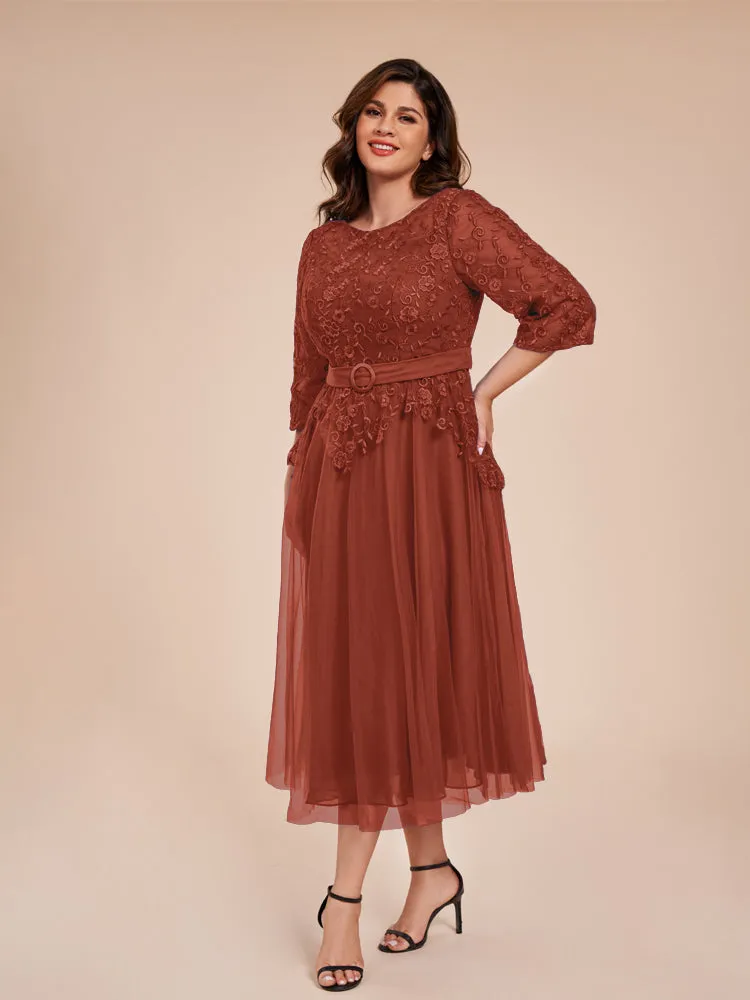 Lace Bodice 3/4 Length Sleeves Tea-Length Chiffon Mother Of The Bride Dress With Belt