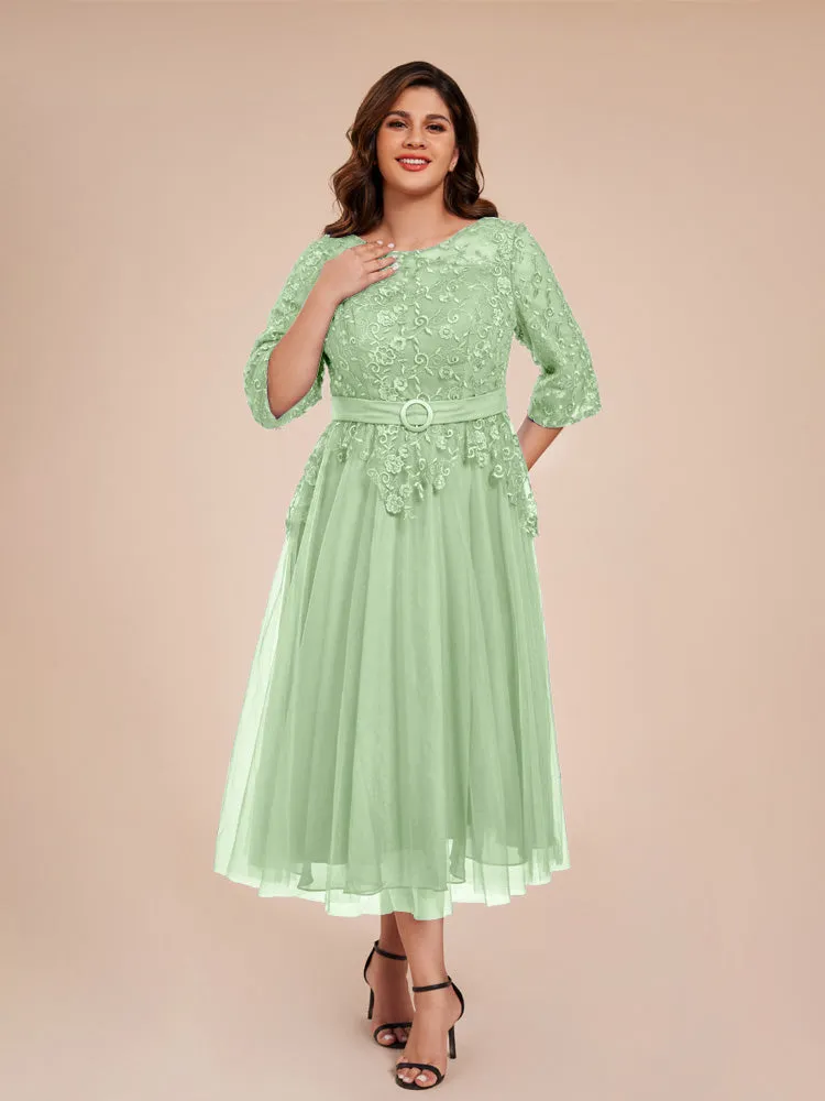 Lace Bodice 3/4 Length Sleeves Tea-Length Chiffon Mother Of The Bride Dress With Belt