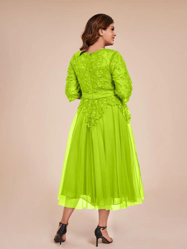 Lace Bodice 3/4 Length Sleeves Tea-Length Chiffon Mother Of The Bride Dress With Belt
