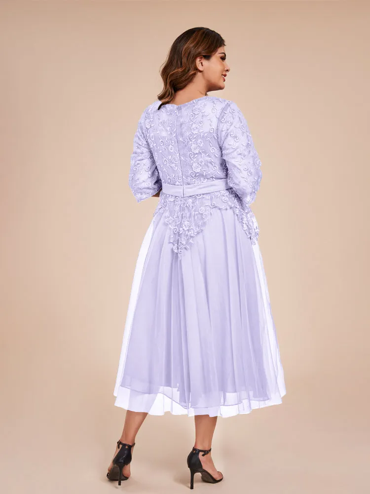 Lace Bodice 3/4 Length Sleeves Tea-Length Chiffon Mother Of The Bride Dress With Belt