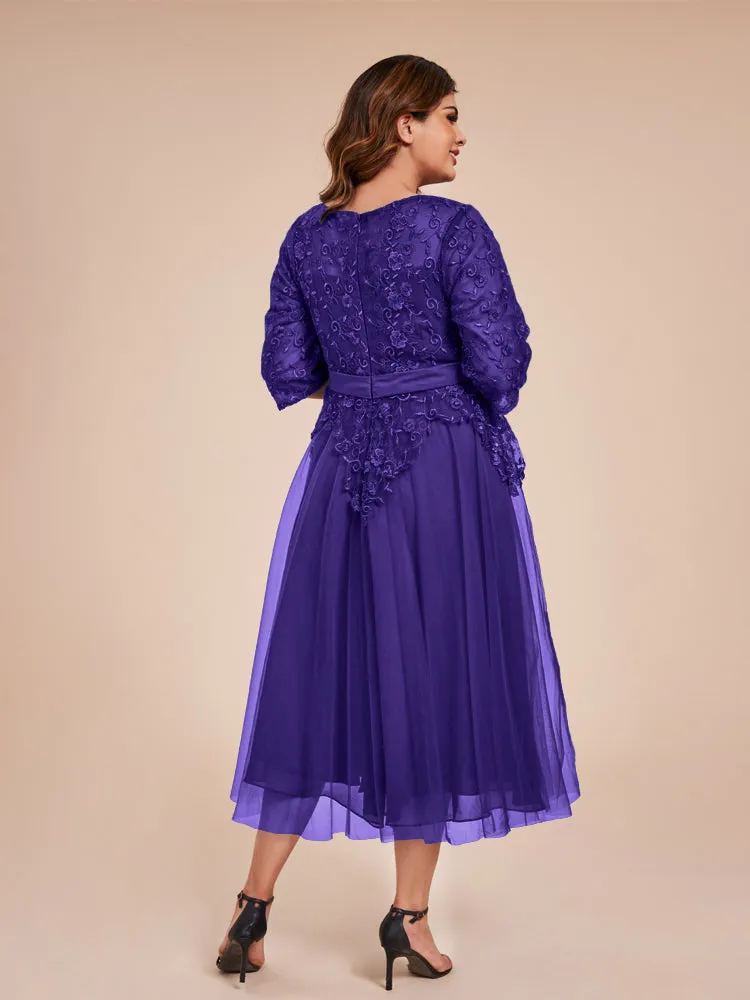 Lace Bodice 3/4 Length Sleeves Tea-Length Chiffon Mother Of The Bride Dress With Belt