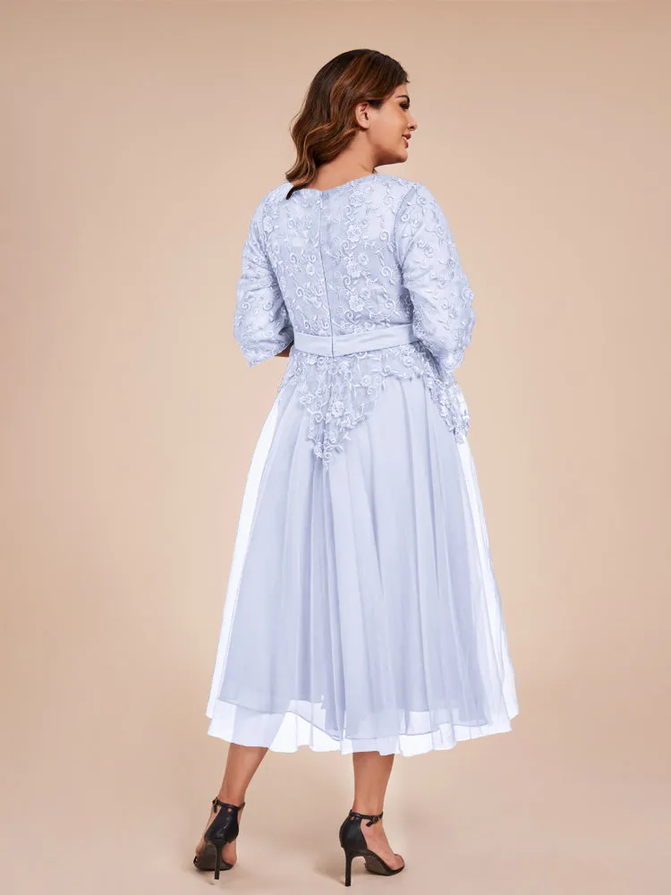 Lace Bodice 3/4 Length Sleeves Tea-Length Chiffon Mother Of The Bride Dress With Belt
