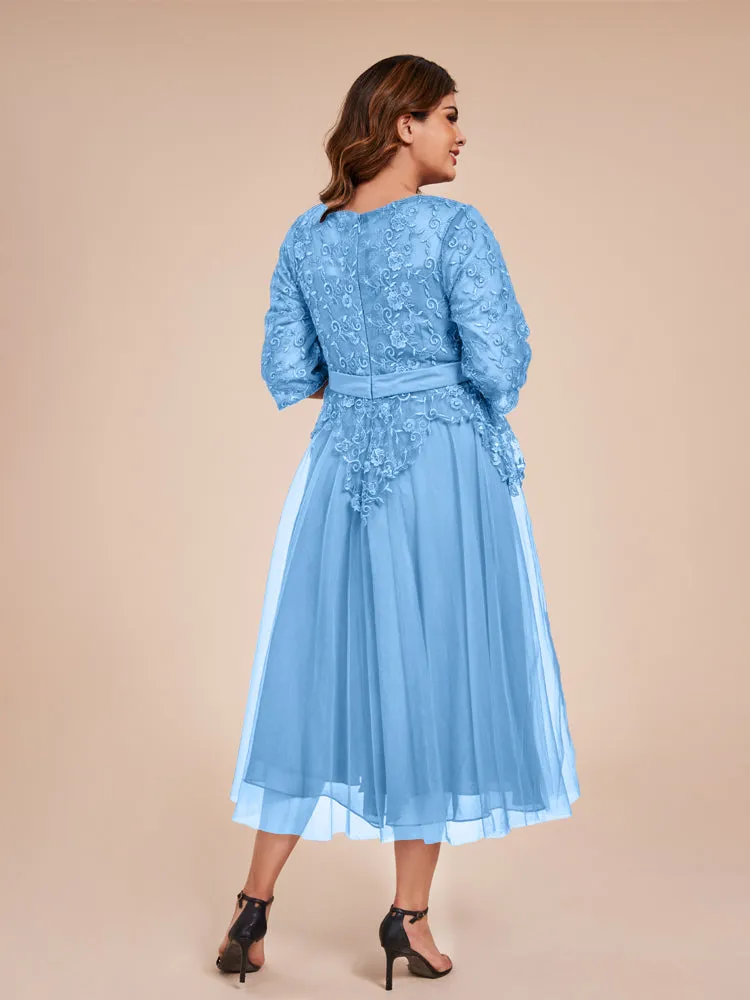 Lace Bodice 3/4 Length Sleeves Tea-Length Chiffon Mother Of The Bride Dress With Belt