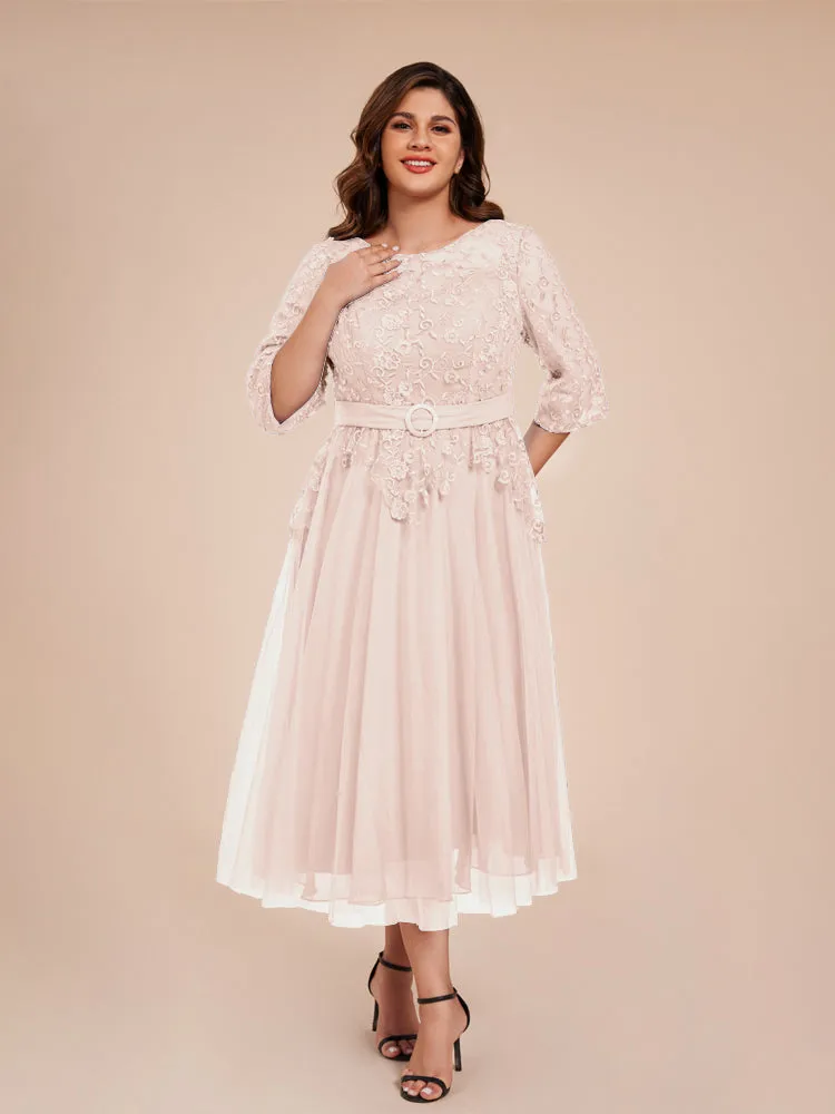 Lace Bodice 3/4 Length Sleeves Tea-Length Chiffon Mother Of The Bride Dress With Belt