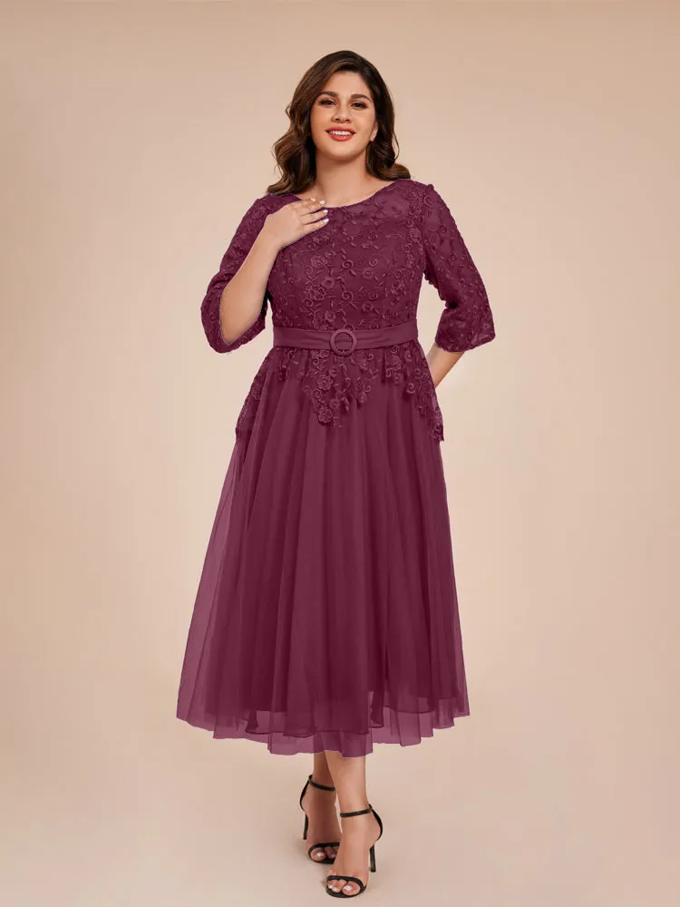 Lace Bodice 3/4 Length Sleeves Tea-Length Chiffon Mother Of The Bride Dress With Belt