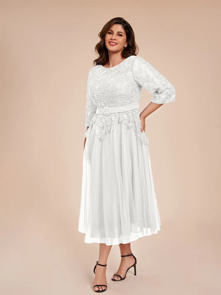 Lace Bodice 3/4 Length Sleeves Tea-Length Chiffon Mother Of The Bride Dress With Belt