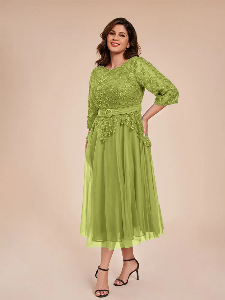 Lace Bodice 3/4 Length Sleeves Tea-Length Chiffon Mother Of The Bride Dress With Belt