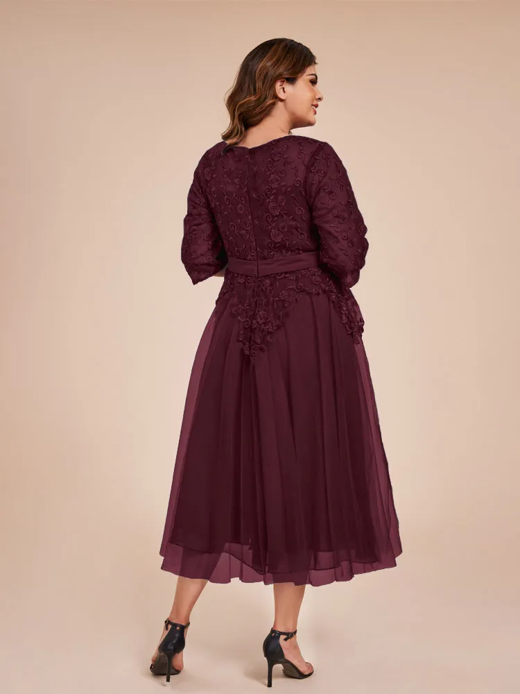 Lace Bodice 3/4 Length Sleeves Tea-Length Chiffon Mother Of The Bride Dress With Belt