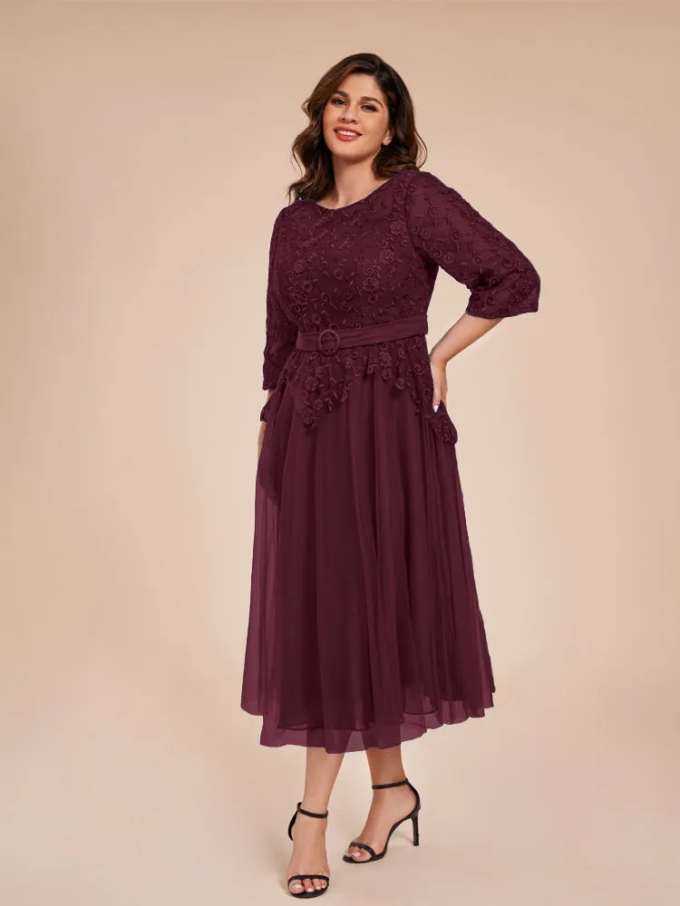 Lace Bodice 3/4 Length Sleeves Tea-Length Chiffon Mother Of The Bride Dress With Belt