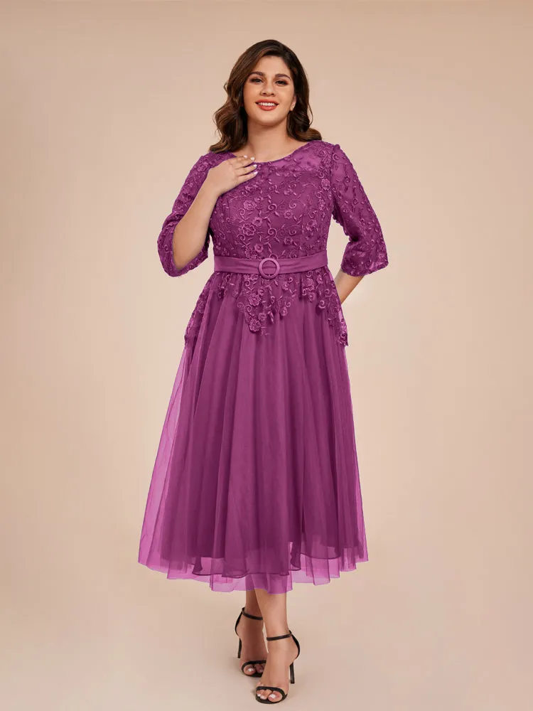 Lace Bodice 3/4 Length Sleeves Tea-Length Chiffon Mother Of The Bride Dress With Belt