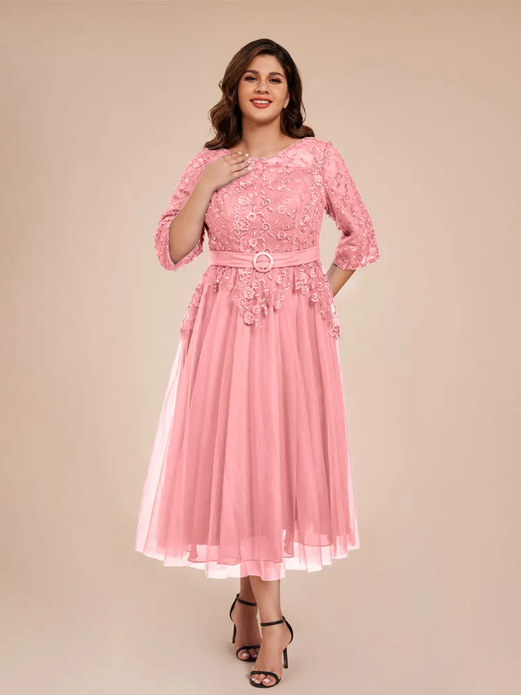 Lace Bodice 3/4 Length Sleeves Tea-Length Chiffon Mother Of The Bride Dress With Belt