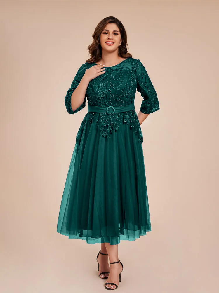Lace Bodice 3/4 Length Sleeves Tea-Length Chiffon Mother Of The Bride Dress With Belt