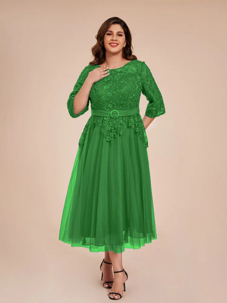 Lace Bodice 3/4 Length Sleeves Tea-Length Chiffon Mother Of The Bride Dress With Belt