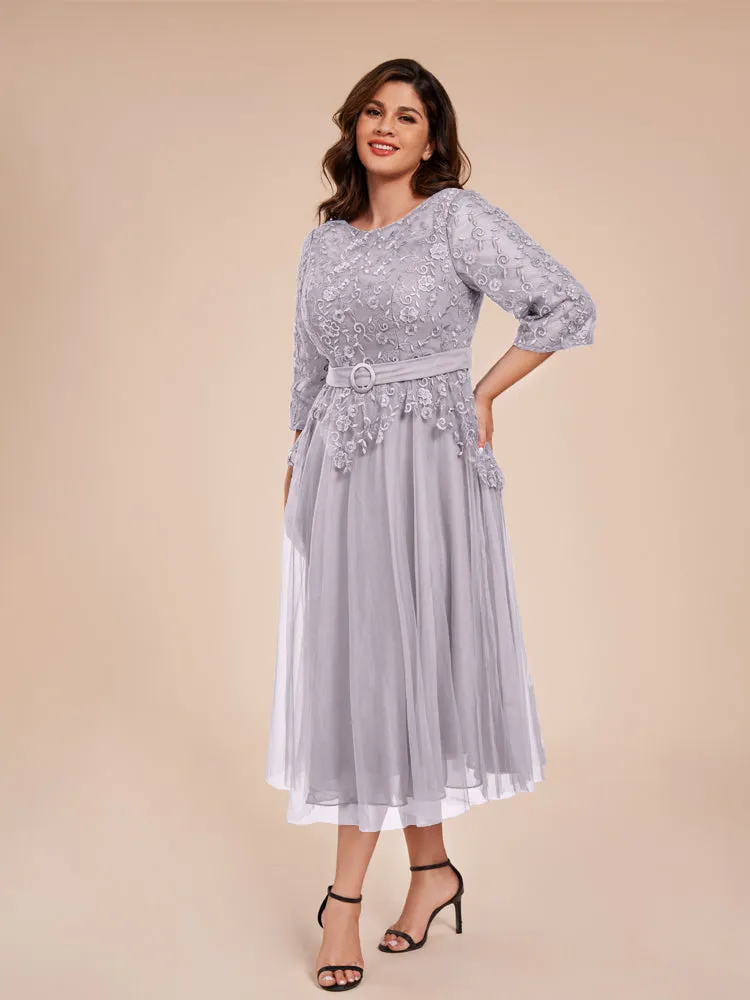 Lace Bodice 3/4 Length Sleeves Tea-Length Chiffon Mother Of The Bride Dress With Belt