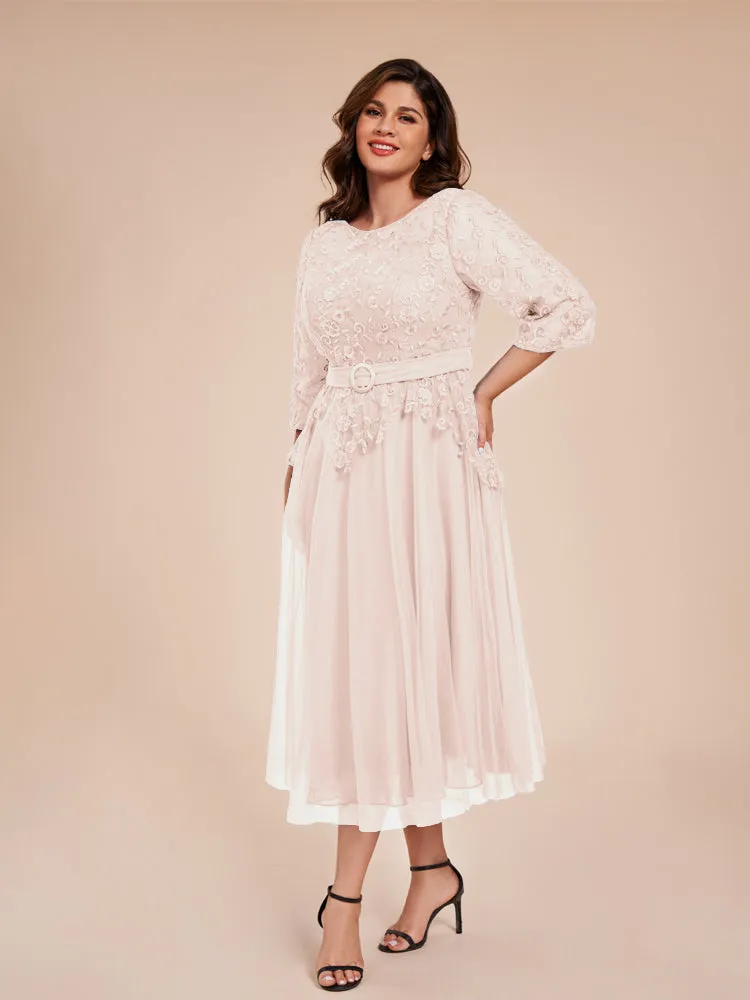 Lace Bodice 3/4 Length Sleeves Tea-Length Chiffon Mother Of The Bride Dress With Belt