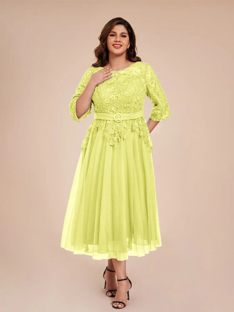 Lace Bodice 3/4 Length Sleeves Tea-Length Chiffon Mother Of The Bride Dress With Belt