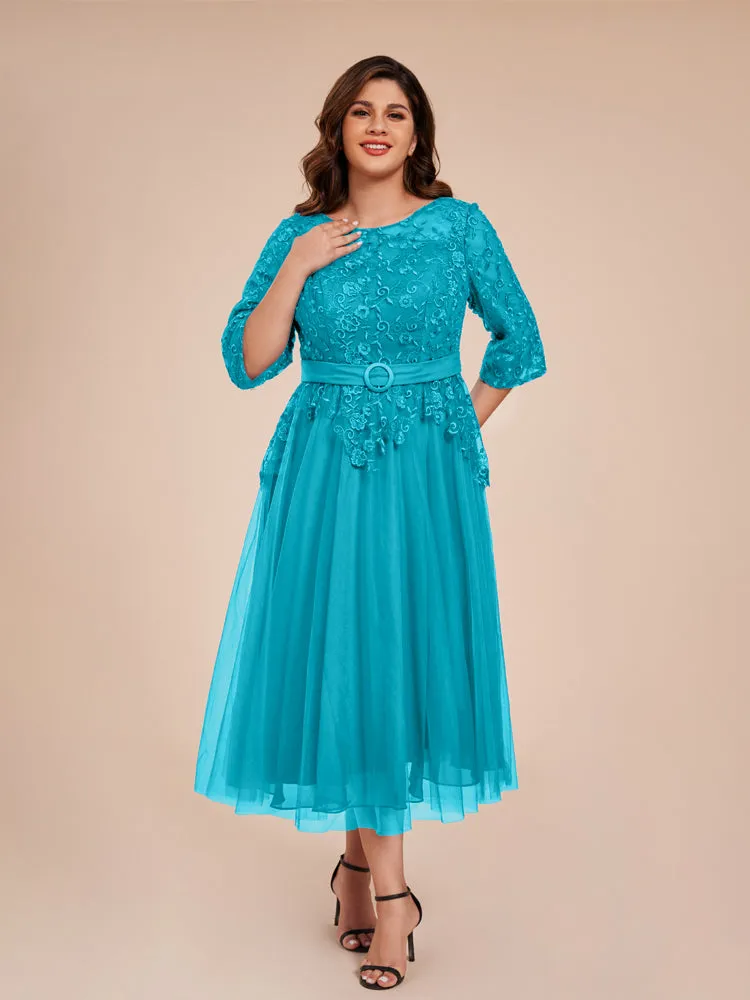 Lace Bodice 3/4 Length Sleeves Tea-Length Chiffon Mother Of The Bride Dress With Belt